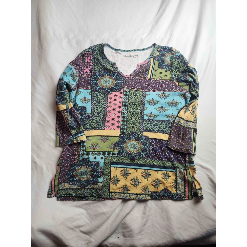 Norm Thompson Shirt Top Womens Size PS Multicolor Floral Long Sleeve V-Neck